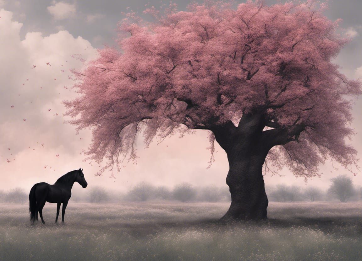 Black Horse and Cherry Tree in a Remote Landscape
