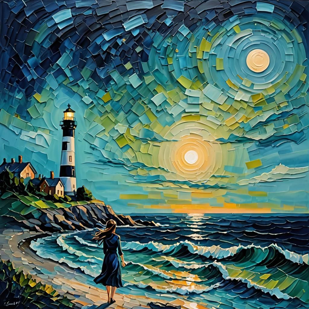 Seaside Sunset Lighthouse with Transparent Girl: Impasto Pai...