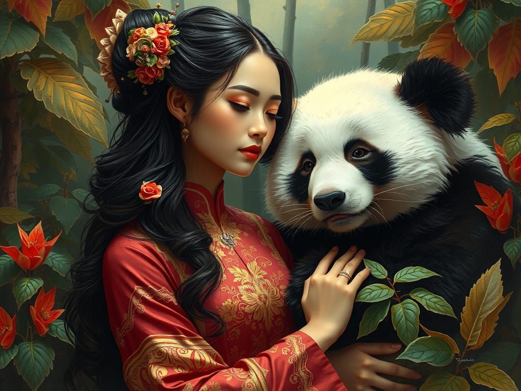 Asian Woman with Panda in Hyper-Realistic Digital Art
