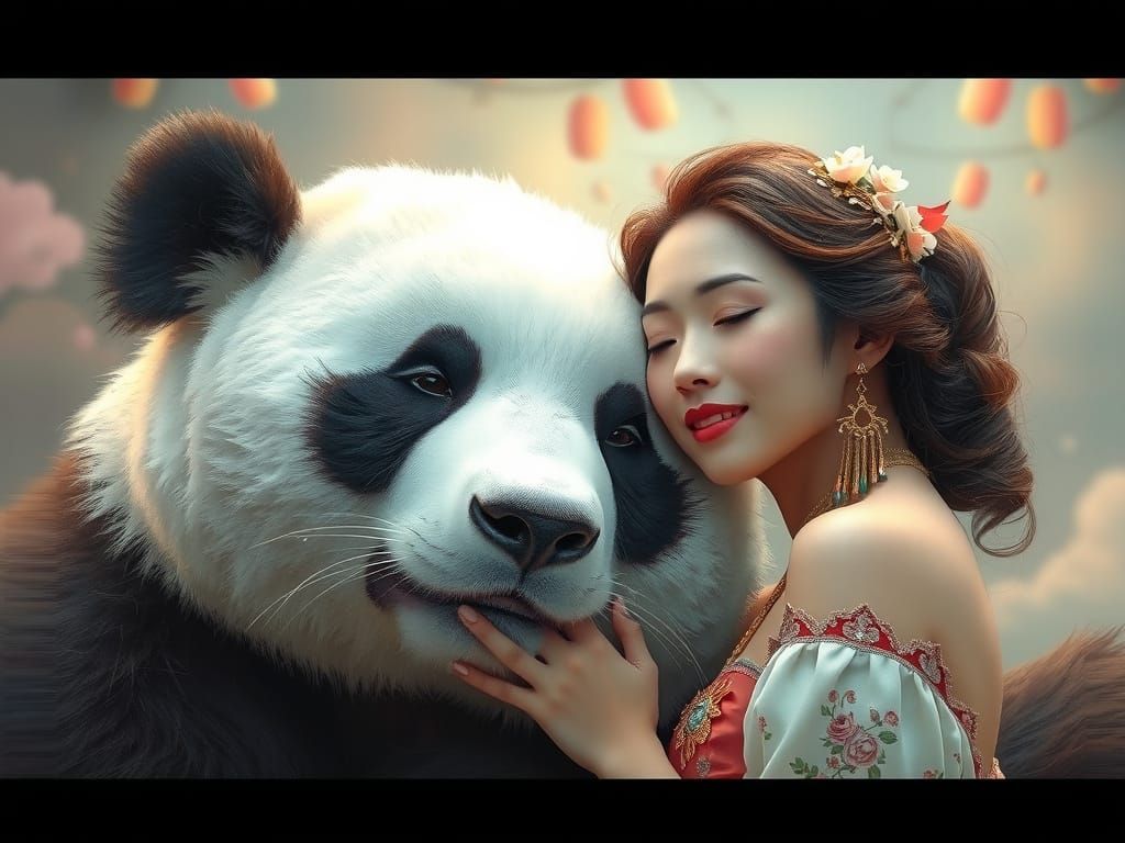Woman and Panda in Dreamy Digital Art