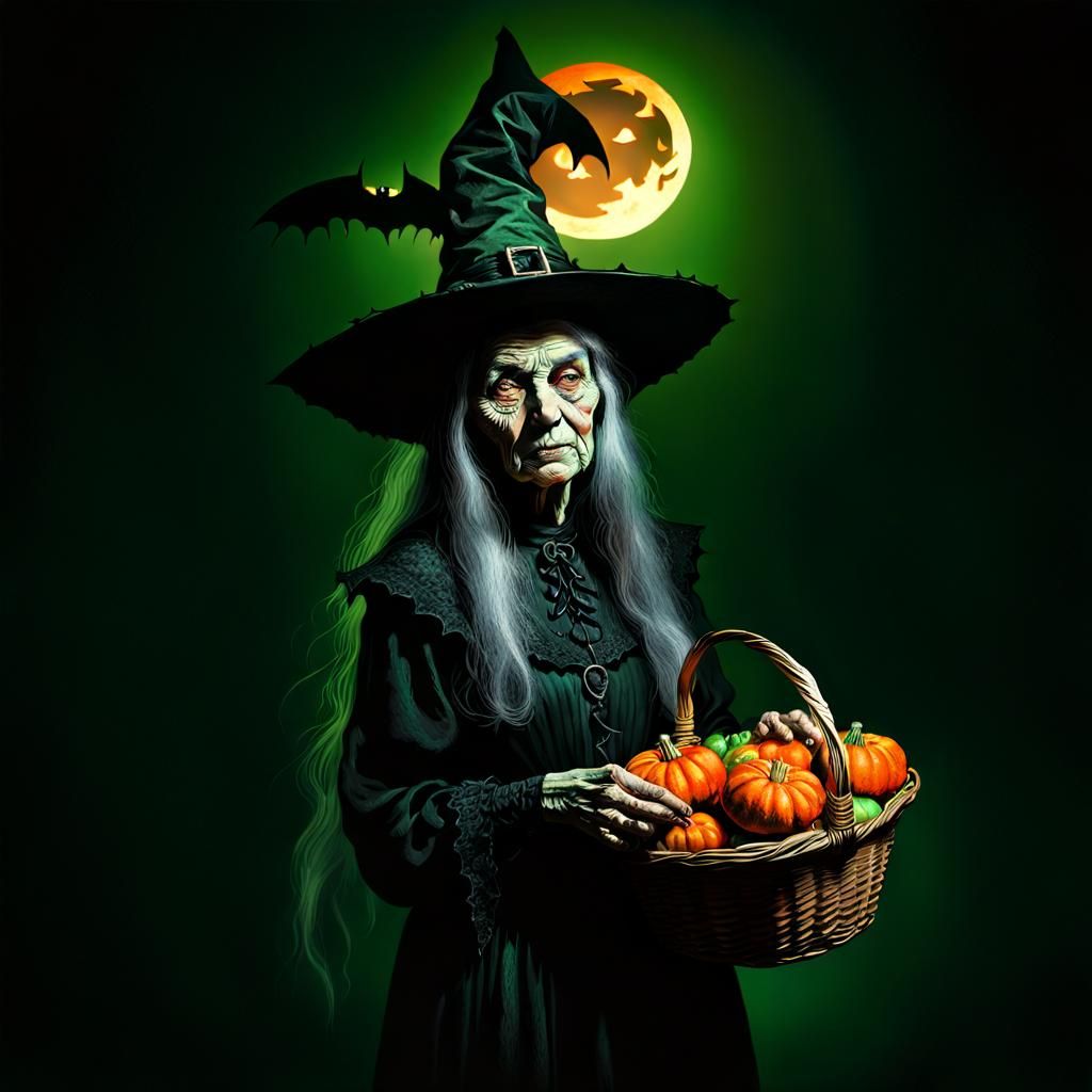 Old Witch Portrait in Gothic Style with Treats