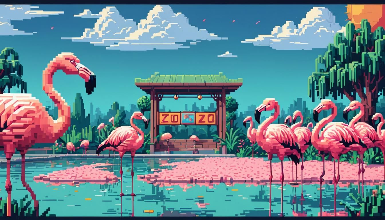 Flamingos in Zoo Enclosure: Pixel Art Style
