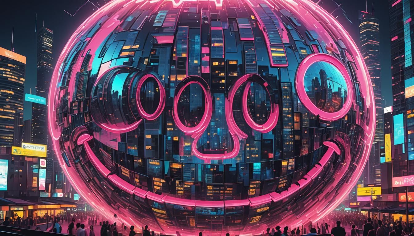 Cyberpunk Metropolis Inside a Giant Smiley Face