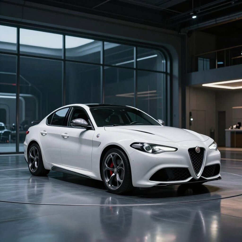 White Alfa Romeo Giulia in Futuristic Hangar