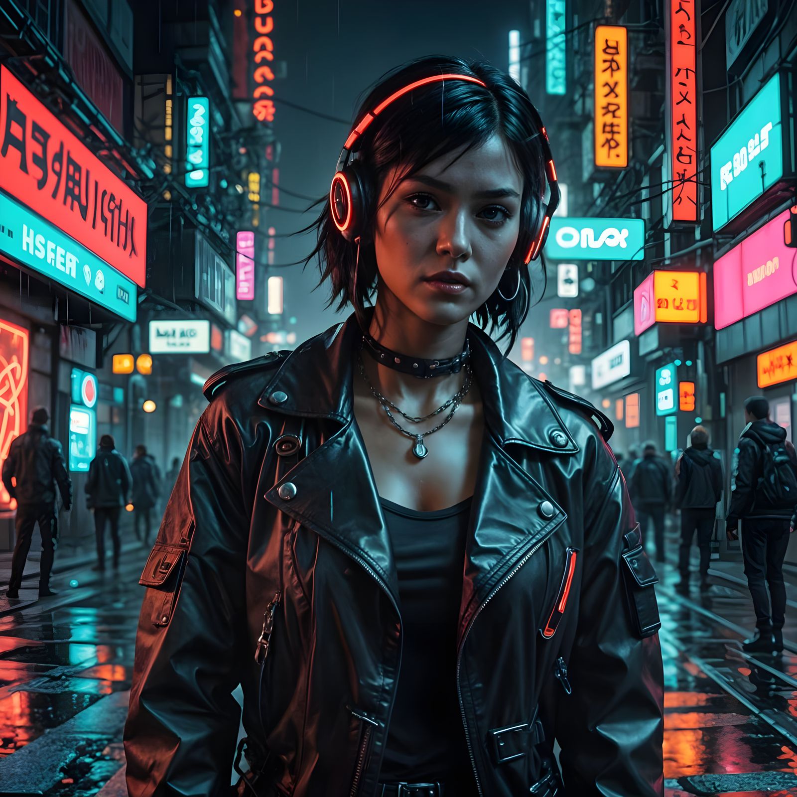 Futuristic Cyberpunk Woman in Neon Cityscape