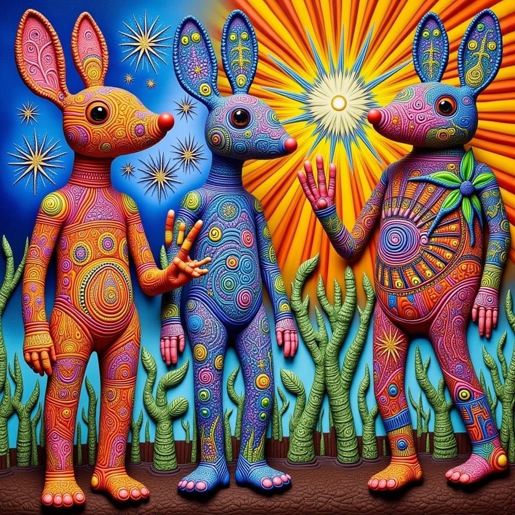 Cute Robots in Surreal Aboriginal Folk-Art Style