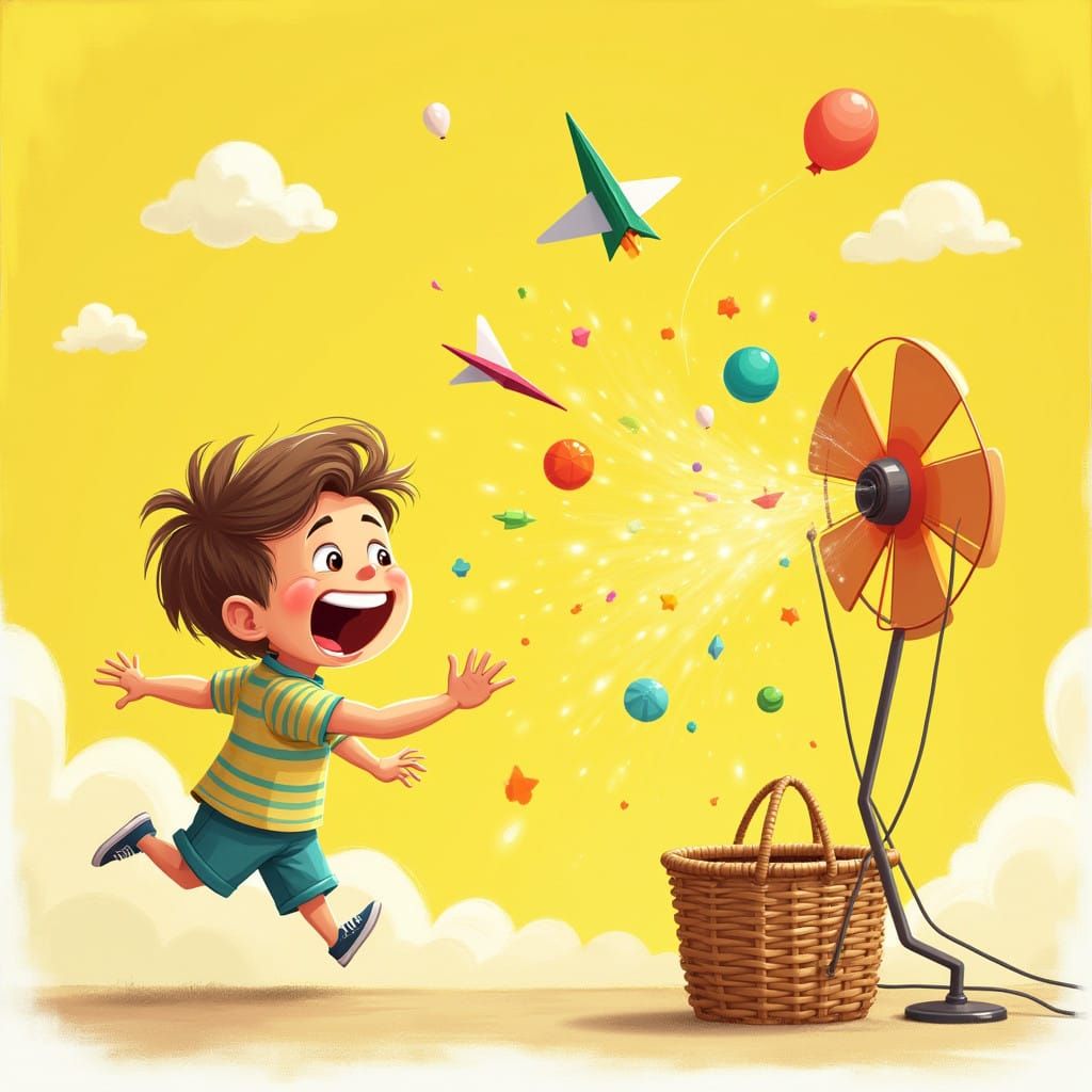 Whimsical Boy Plays with Colorful Fan and Objects in Joyful...