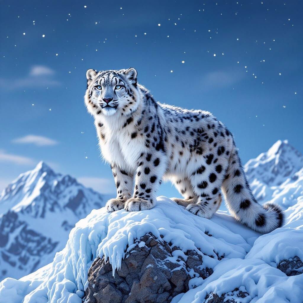 Snow Leopard on Ice-Covered Peak in Hyperrealism