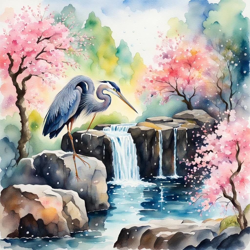 Beautiful Heron in Pastel Watercolor Illustration