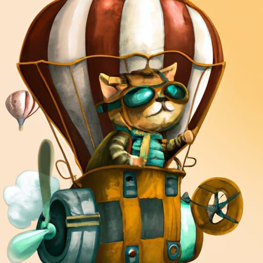 Steampunk Cat Pilot in Hot Air Balloon