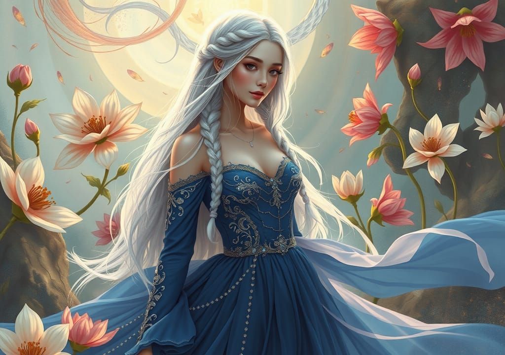 Ethereal Woman in Sapphire Gown Among Fantasy Flora