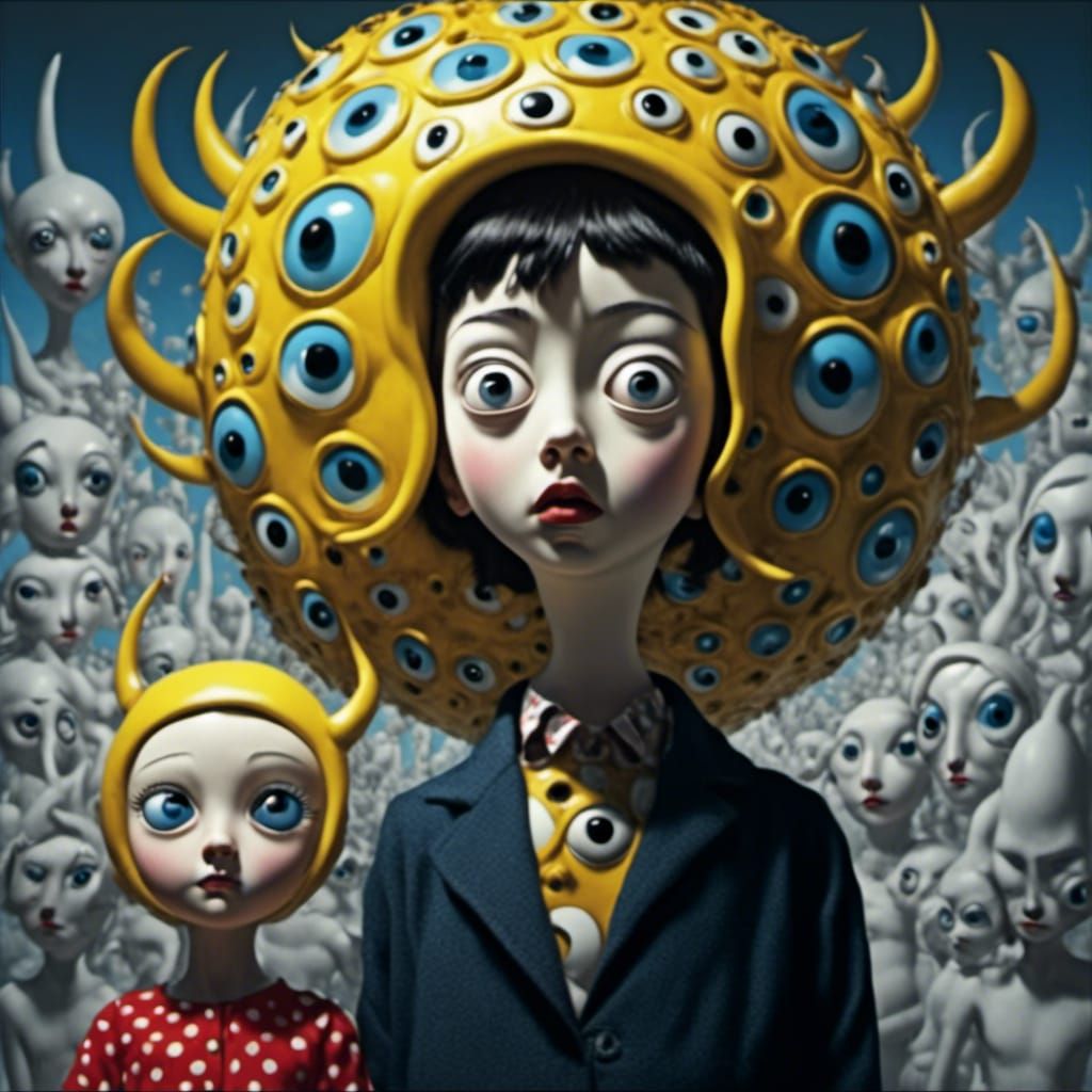 Surreal Animated Girl with Horns and Wide Eyes