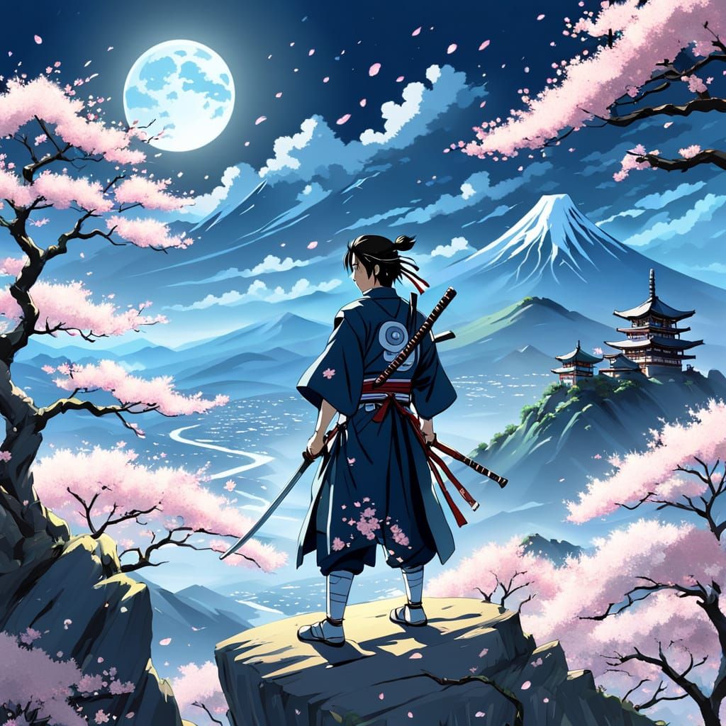 Samurai on Mountaintop in Ghibli Animation Style