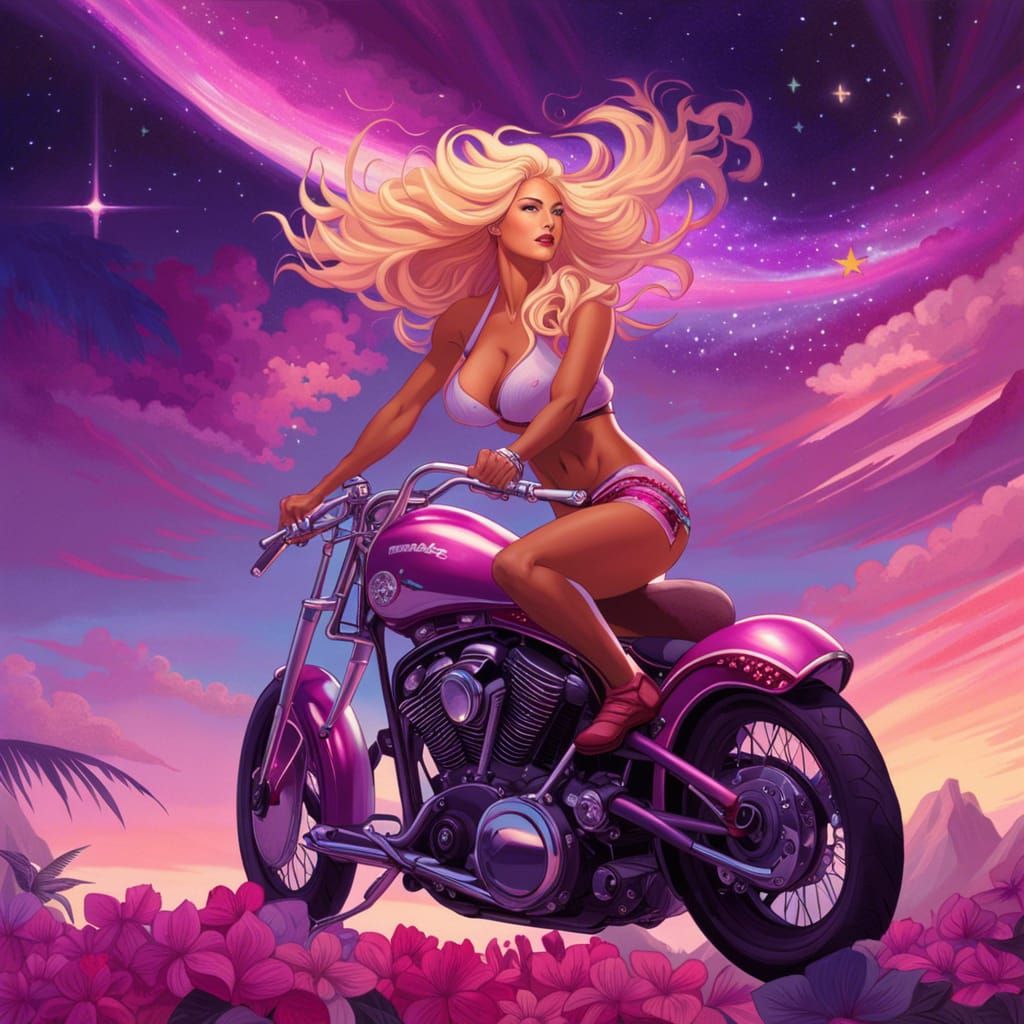 Hawaiian Woman on Chopper in Galaxy Sky