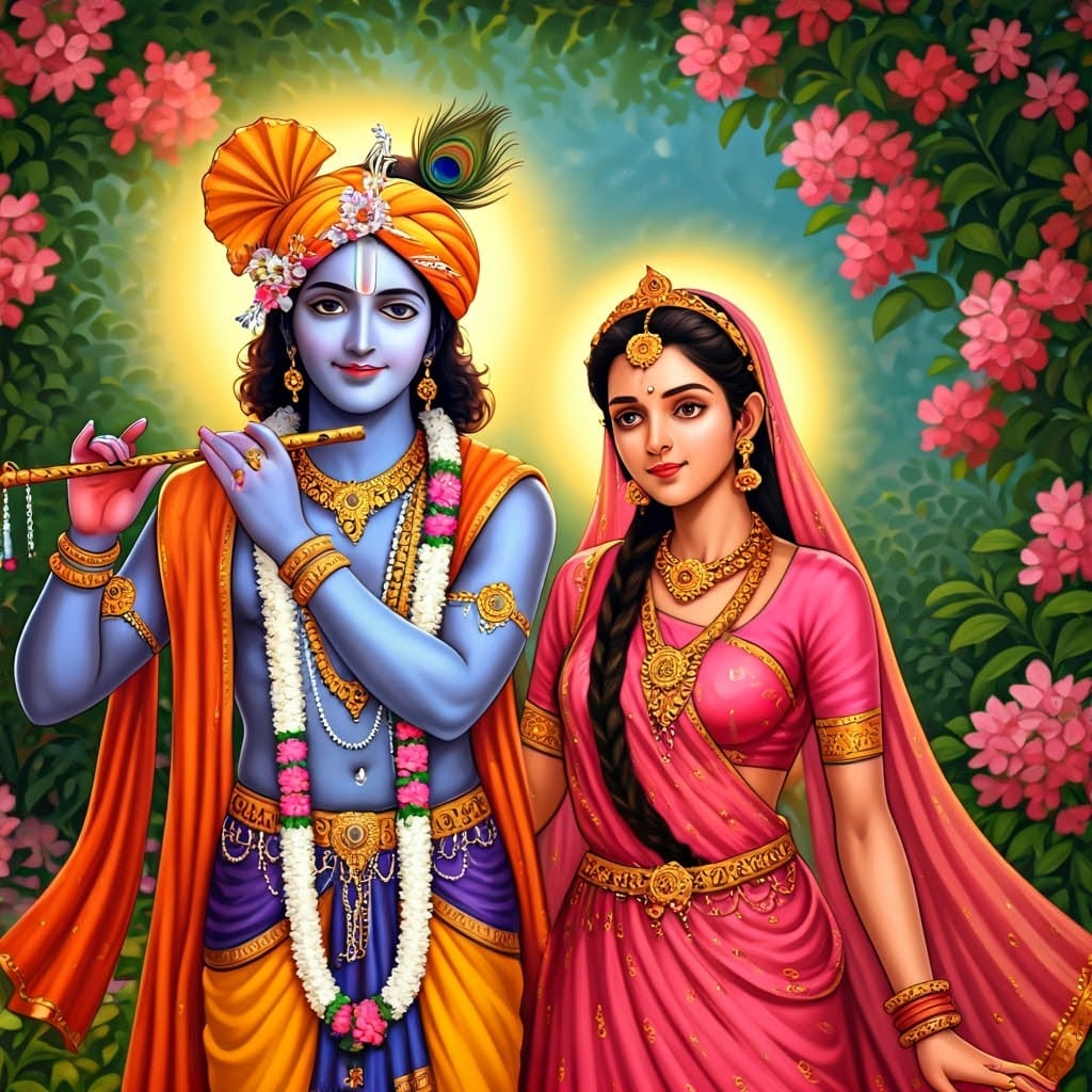 Radha and Krishna in a Blossoming Brindhavan Garden