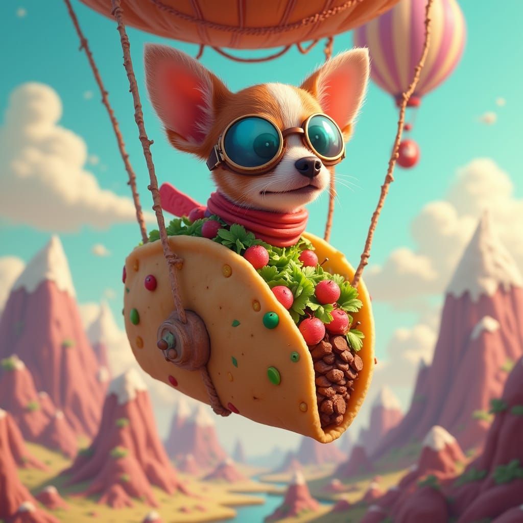 Whimsical Chihuahua Pilots Taco Hot Air Balloon over Candy-C...