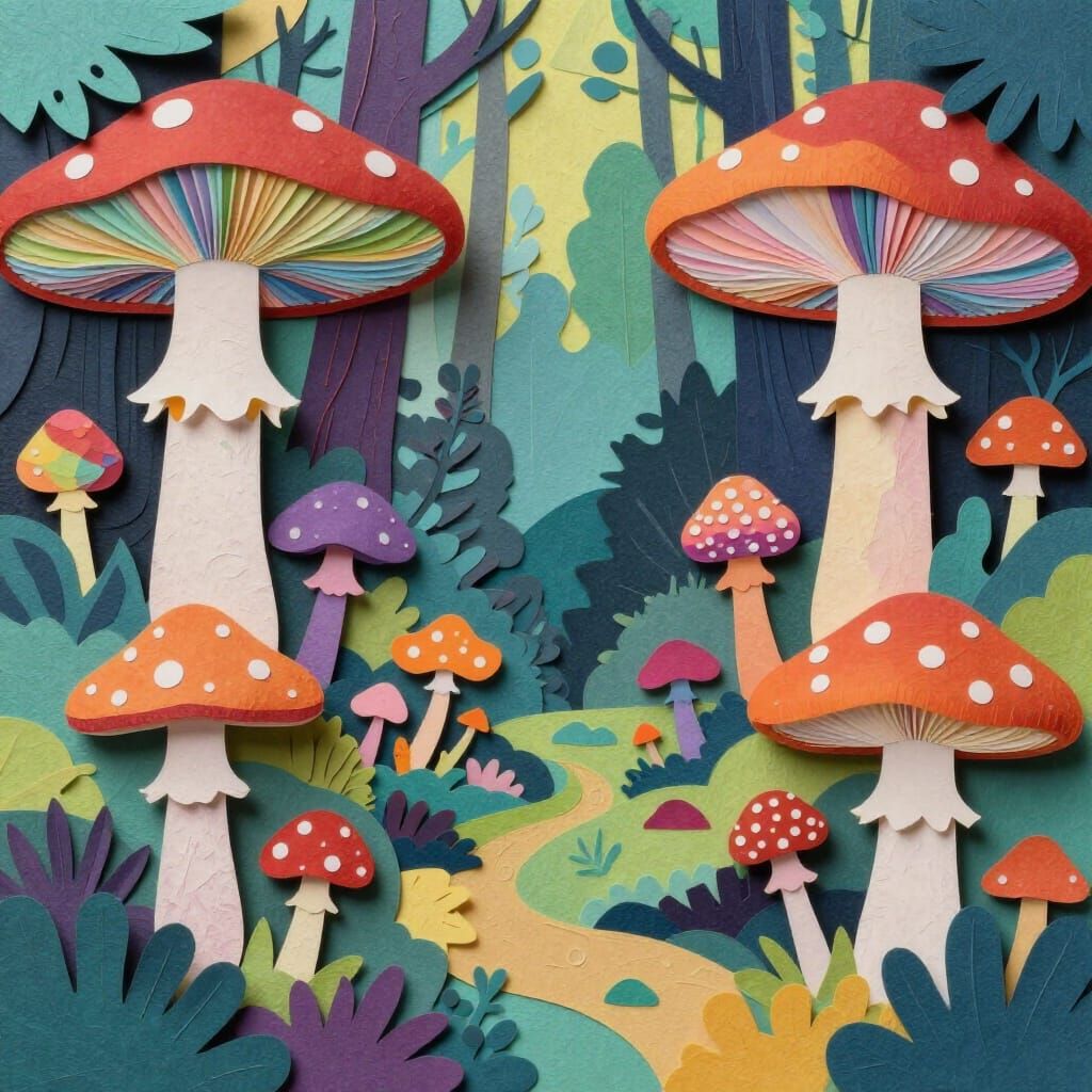Mystical Rainbow Forest Collage with Paper Cut Mushrooms