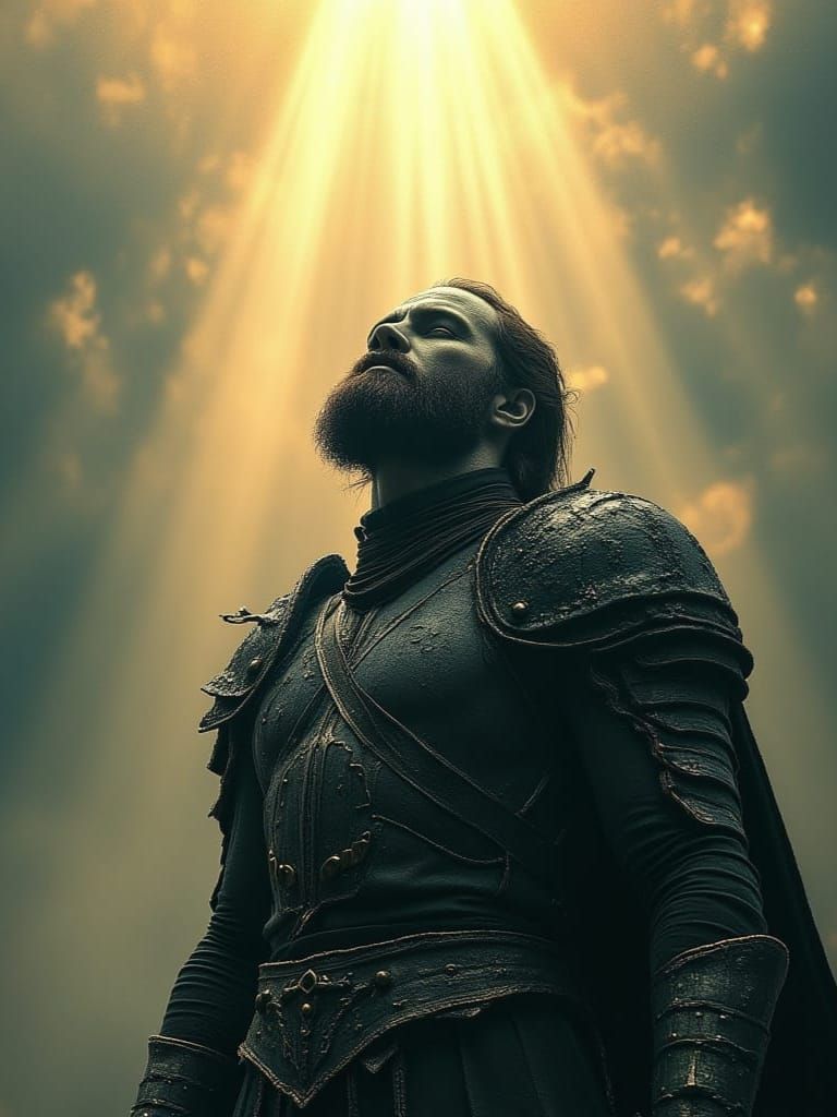 Epic Fantasy Warrior Silhouetted Against Dramatic Sky