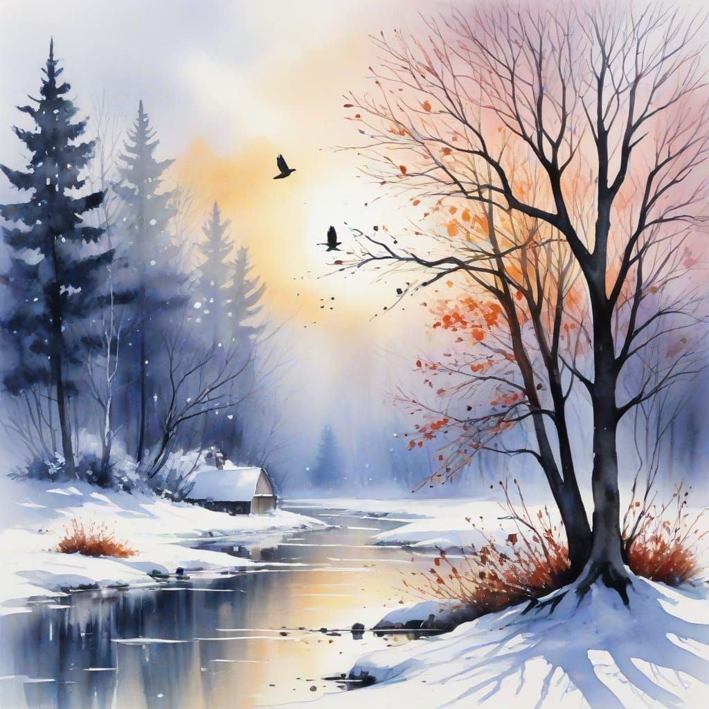 Winter Tree and Bird in Watercolor Scratch Paint