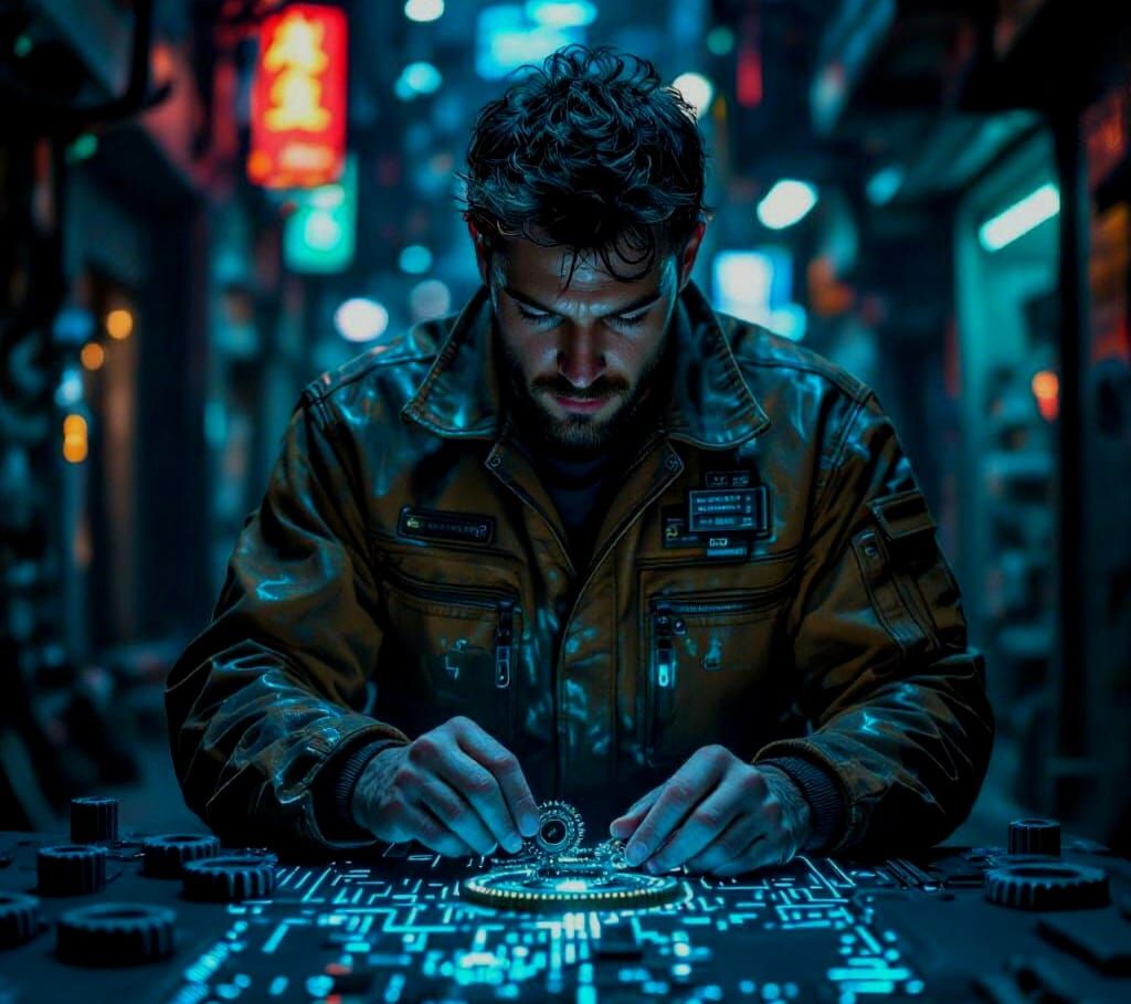 Cyberpunk Mechanic Examines Tiny Gears in Dark Setting