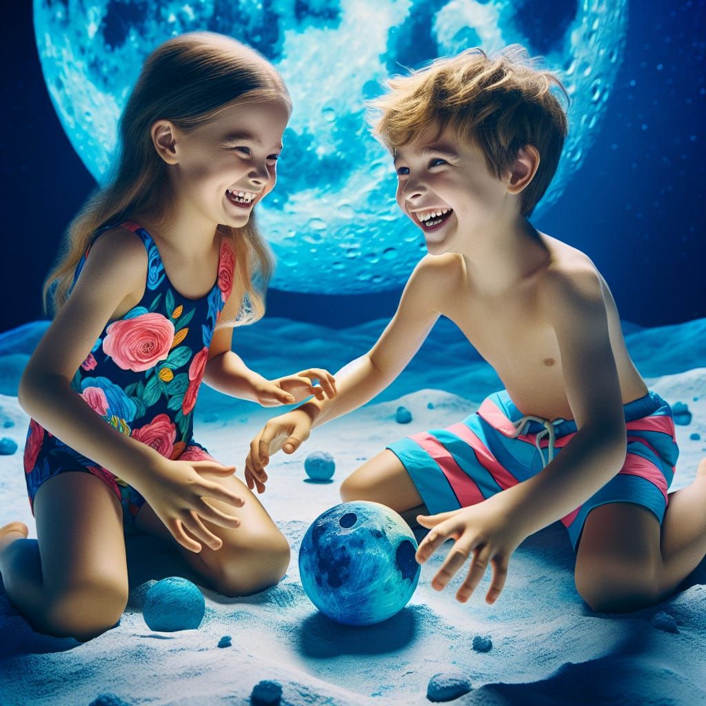 Children's Joyful Game on a Blue Moon