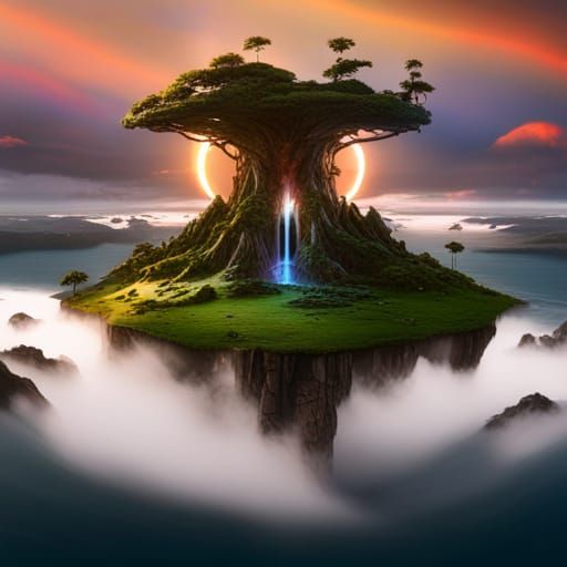 Rainbow Dragons Over Floating Island, Fantasy Art