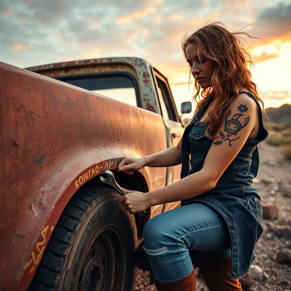 Grunge Woman Tinkers with Rusty Pickup Truck in Arizona Suns...