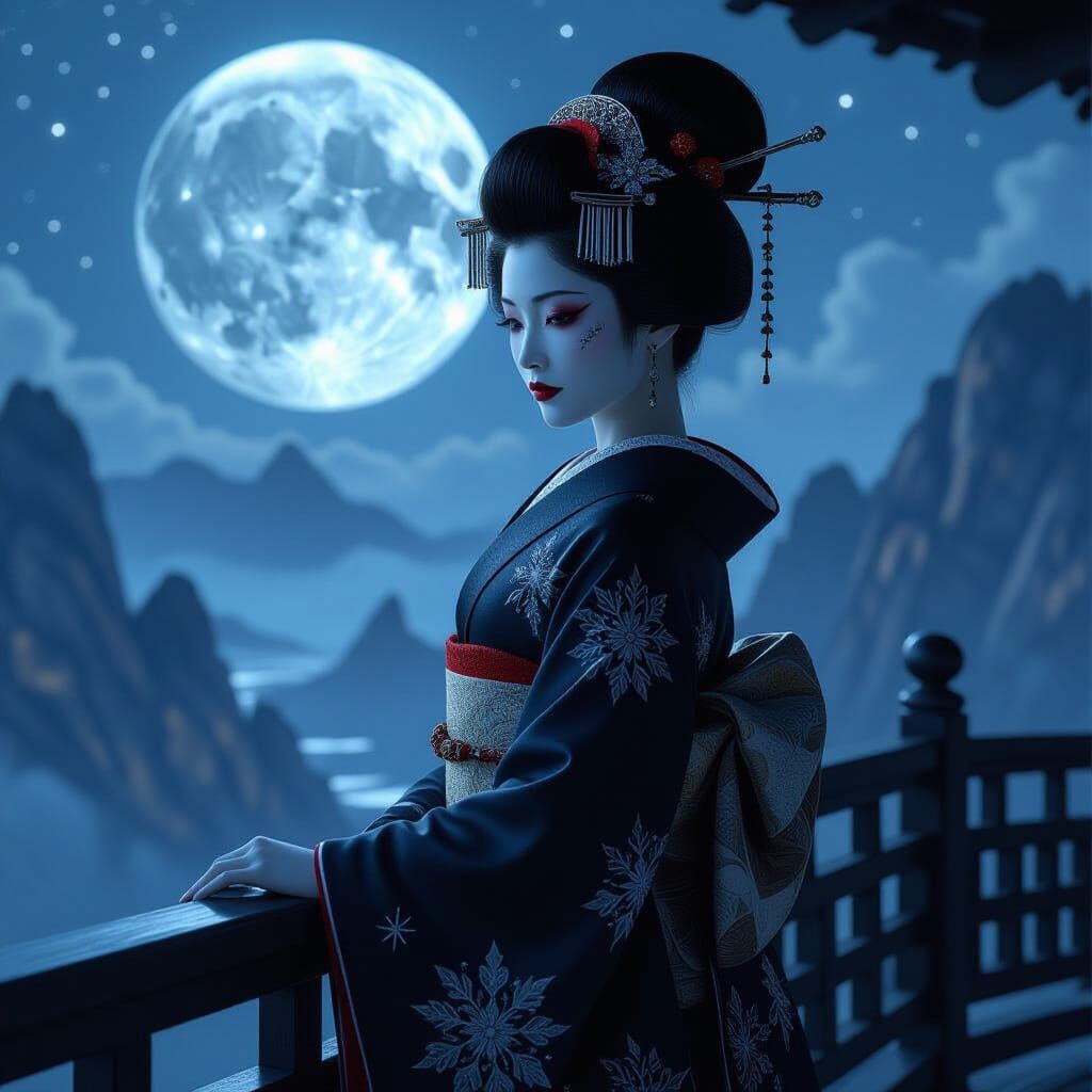 Geisha Under Alien Moonlight in Gothic Style