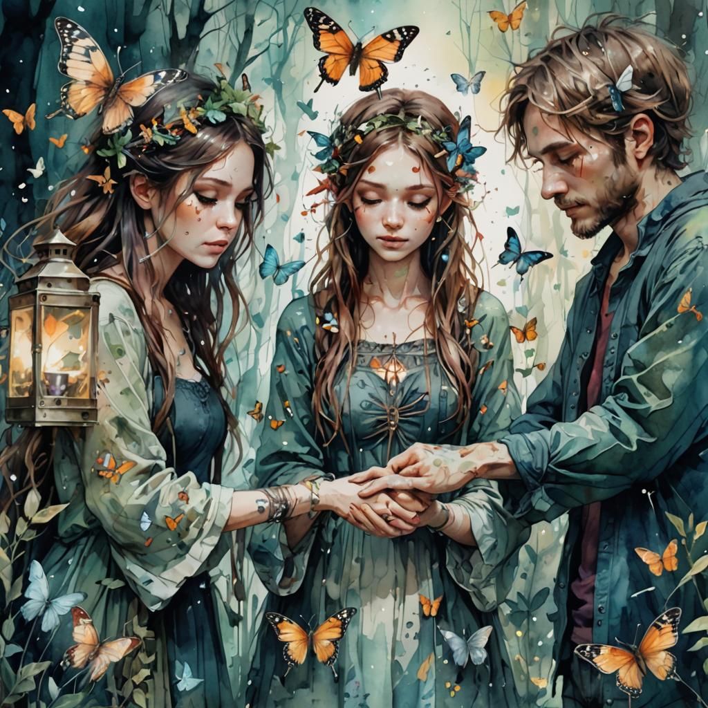 Magical Gathering in Mystical Watercolor Painting