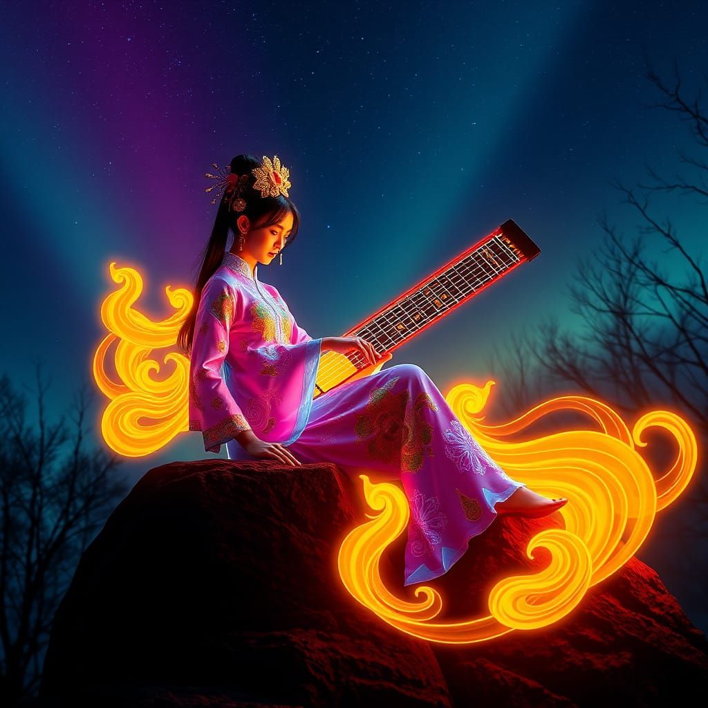Neon Chinese Girl Playing Gu Zheng, Anime Style