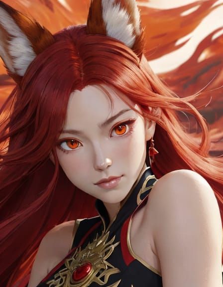 Glowing Red Fox Goddess in Vibrant Anime Style