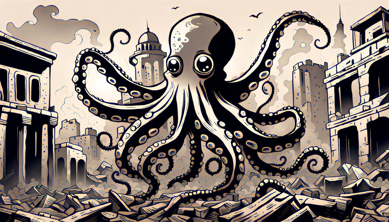Giant Octopus Over Tel Aviv Ruins in Ink Art