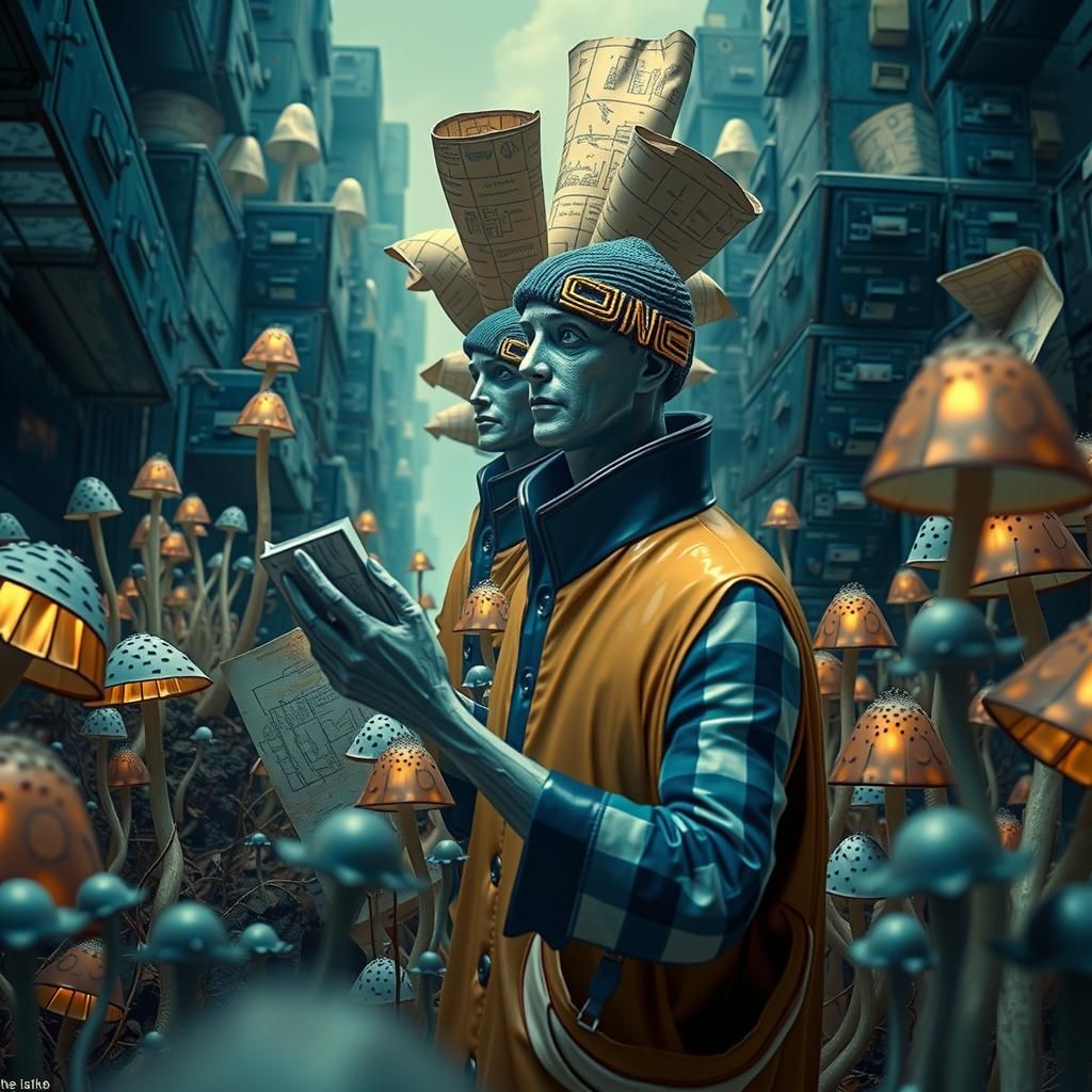 Dystopian Bureaucrats Counting Mushrooms in Linocut Style