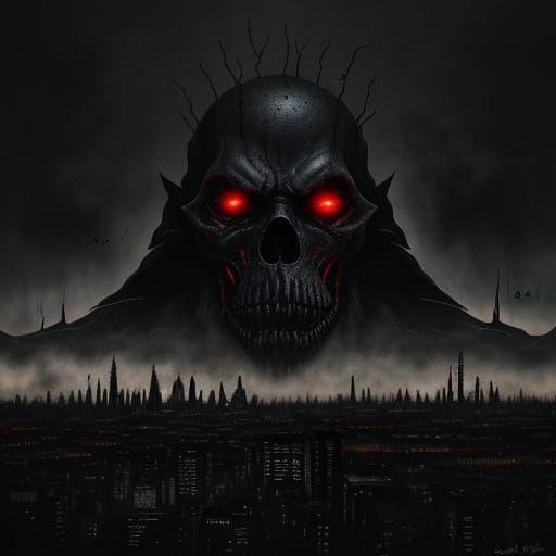 Dystopian Cityscape with Ominous Figure: Surreal Oil Paintin...