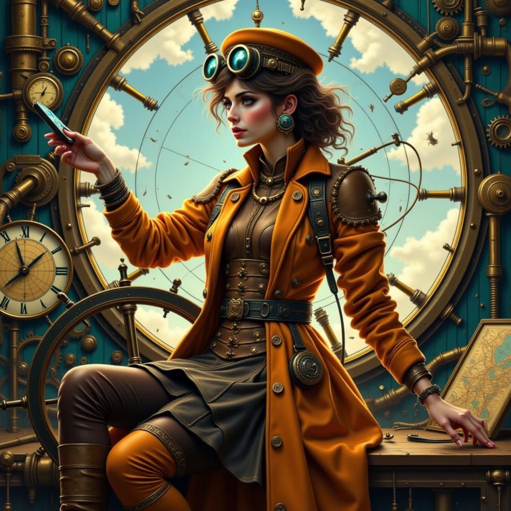 Steampunk Explorer Navigating Airship with Clockwork Instrum...