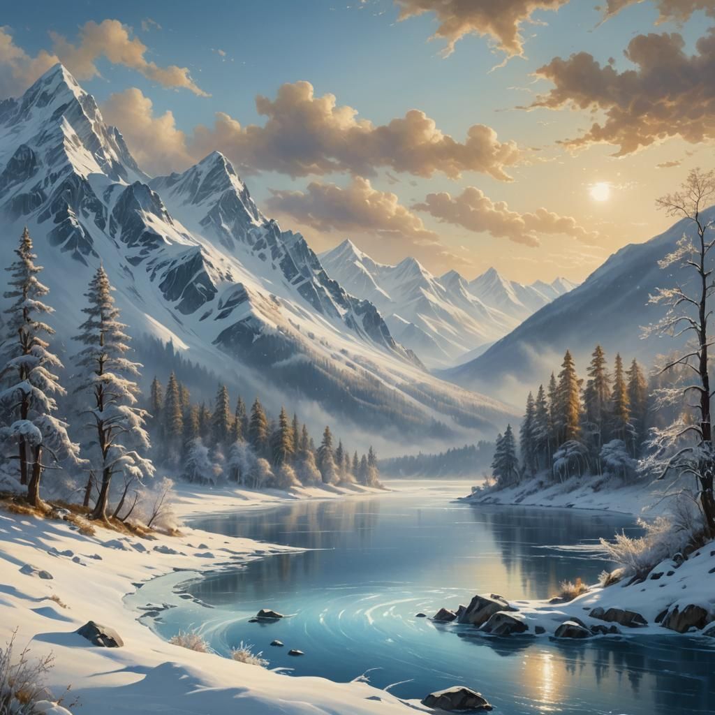 Winter Landscape: Frozen Lake in Golden Light