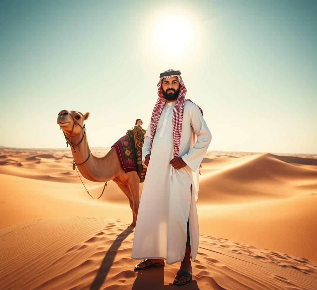 Desert Arab Man in Traditional Attire with Majestic Camel