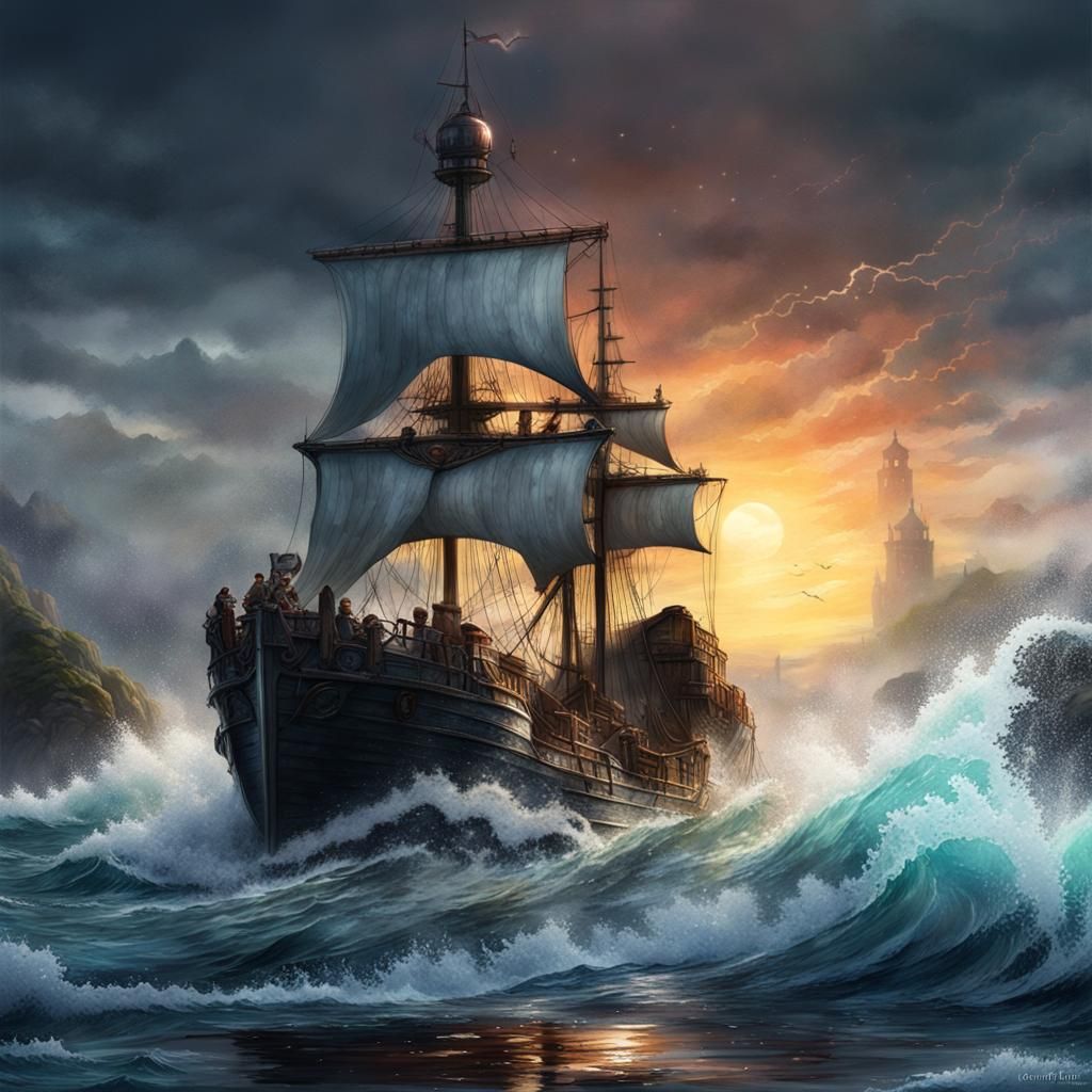 Colorful Watercolor Boat and Swan Fantasy Art