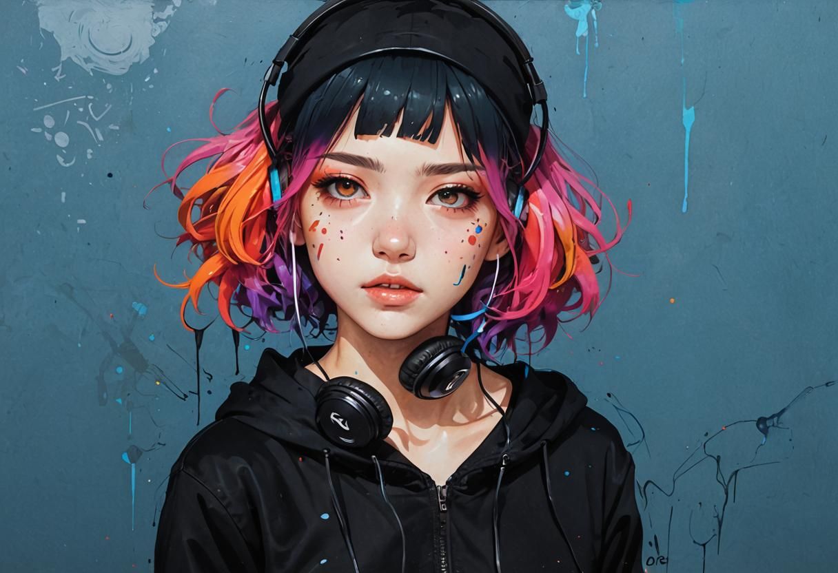Rainbow Haired Woman with Headphones in Graffiti Art