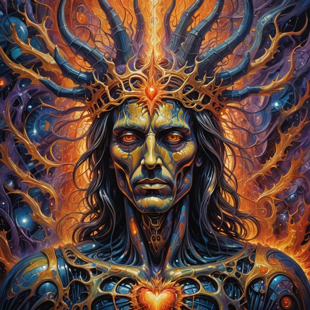 Surreal Christ Unveils Burning Heart: Psychedelic Oil Painti...