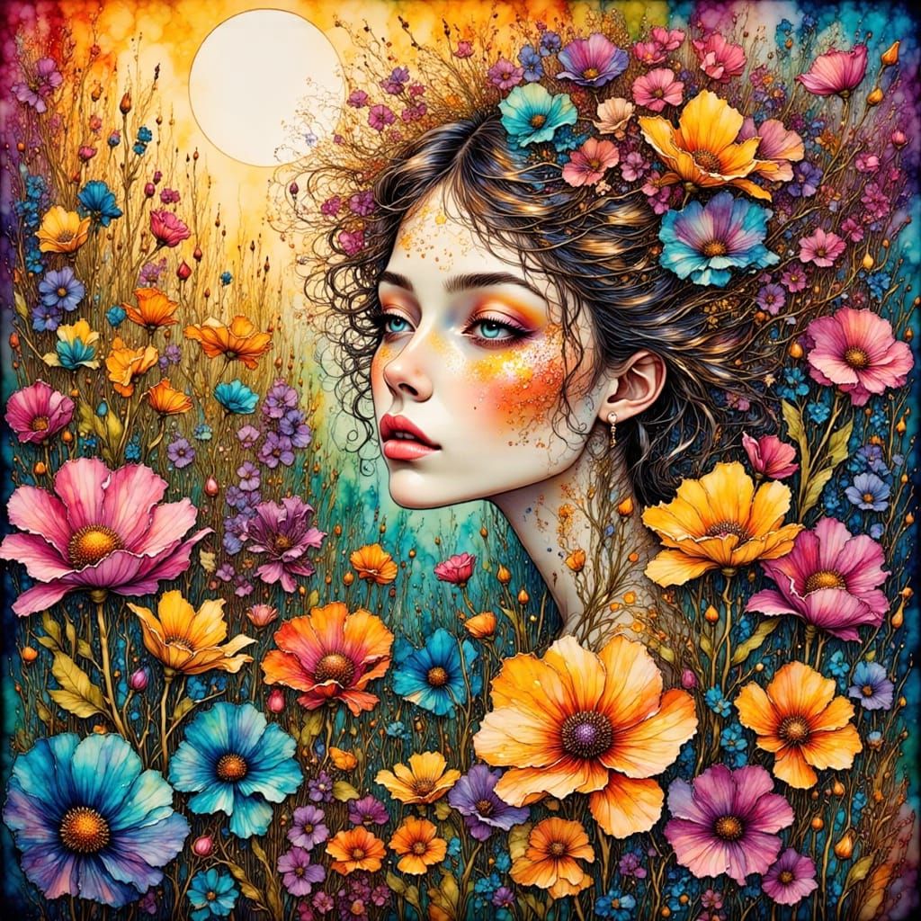 Whimsical Woman in Floral Alcohol-Ink Tapestry