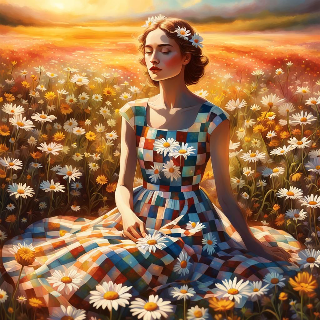 Woman in Checkered Dress, Whimsical Digital Art