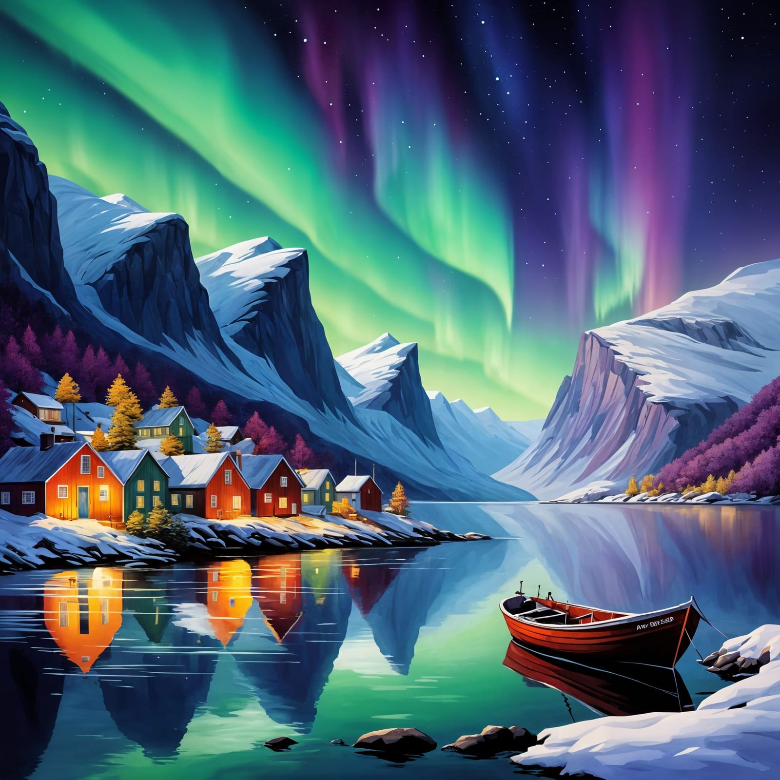 Northern Lights Over Norwegian Village Fjord