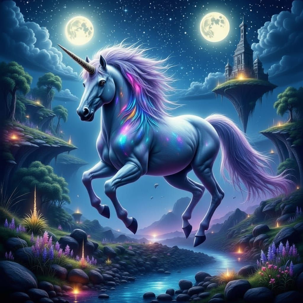 Iridescent Unicorn Gallops Across Floating Islands