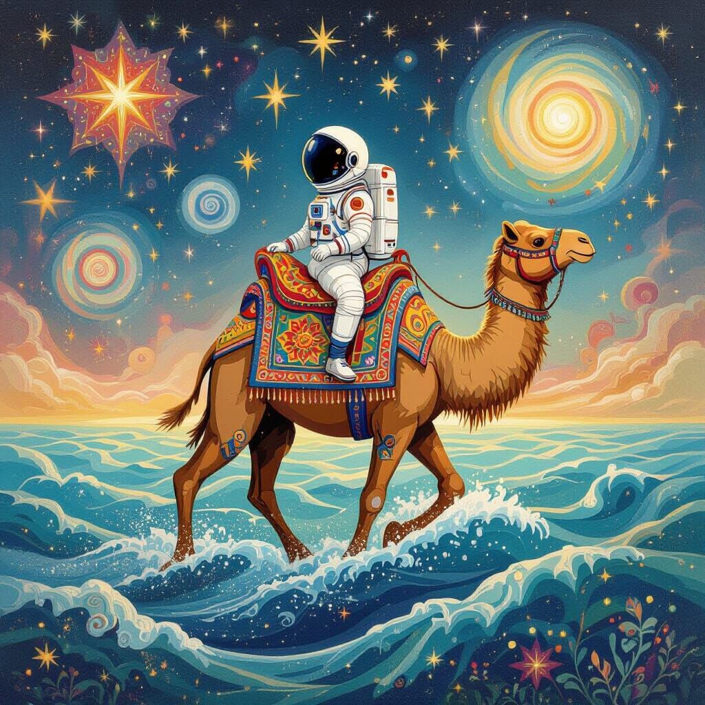 Astronaut Rides Whimsical Camel Through Cosmic Ocean