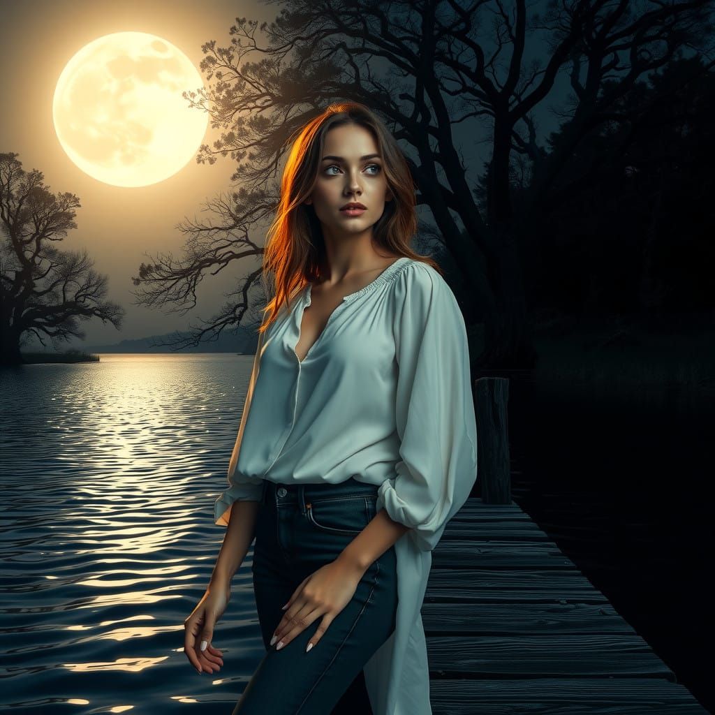 Serene Young Woman Under Moonlit Lake
