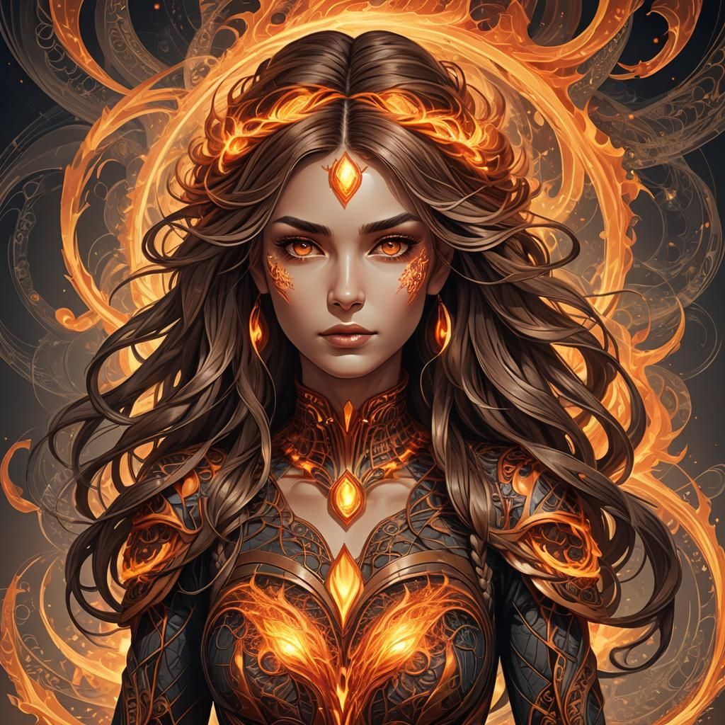 Fiery Heroine with Orb in Abstract Vector Art