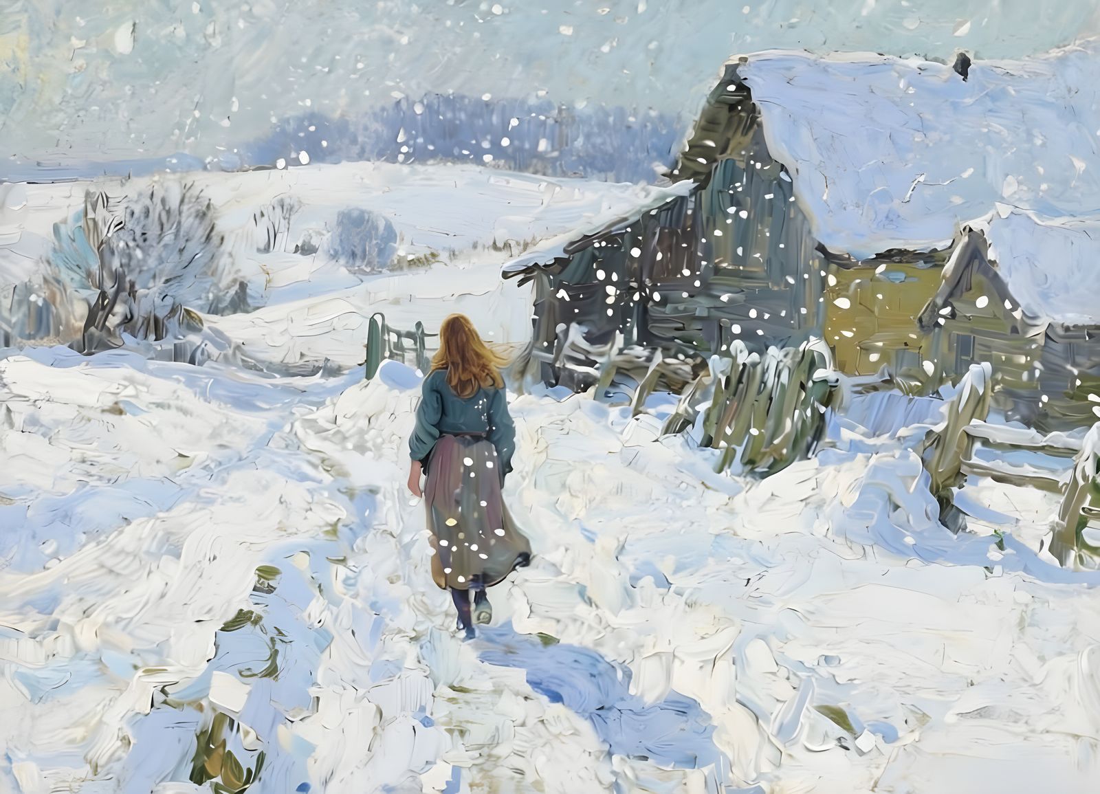 Woman Walking Away From Farm in Snowy Winter Landscape