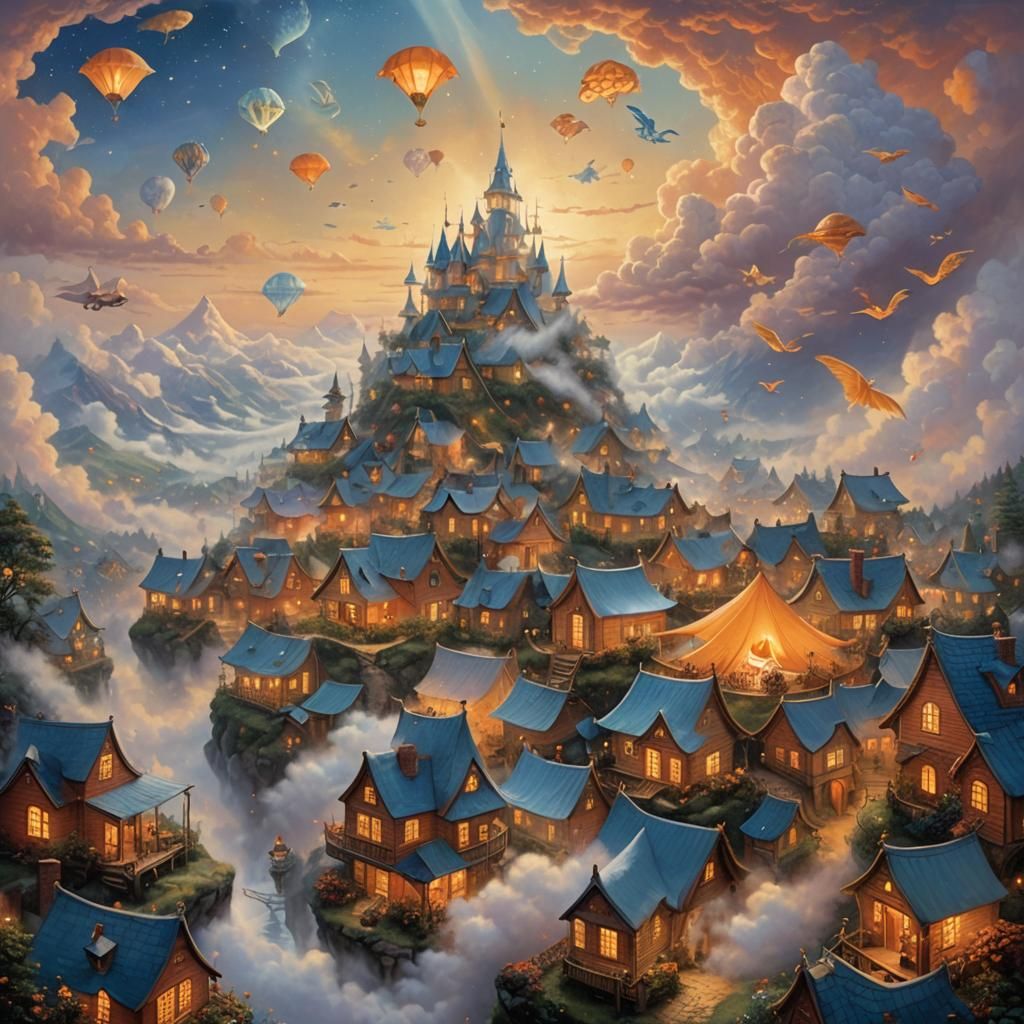 Ethereal Cat Merchant Tent City in the Clouds