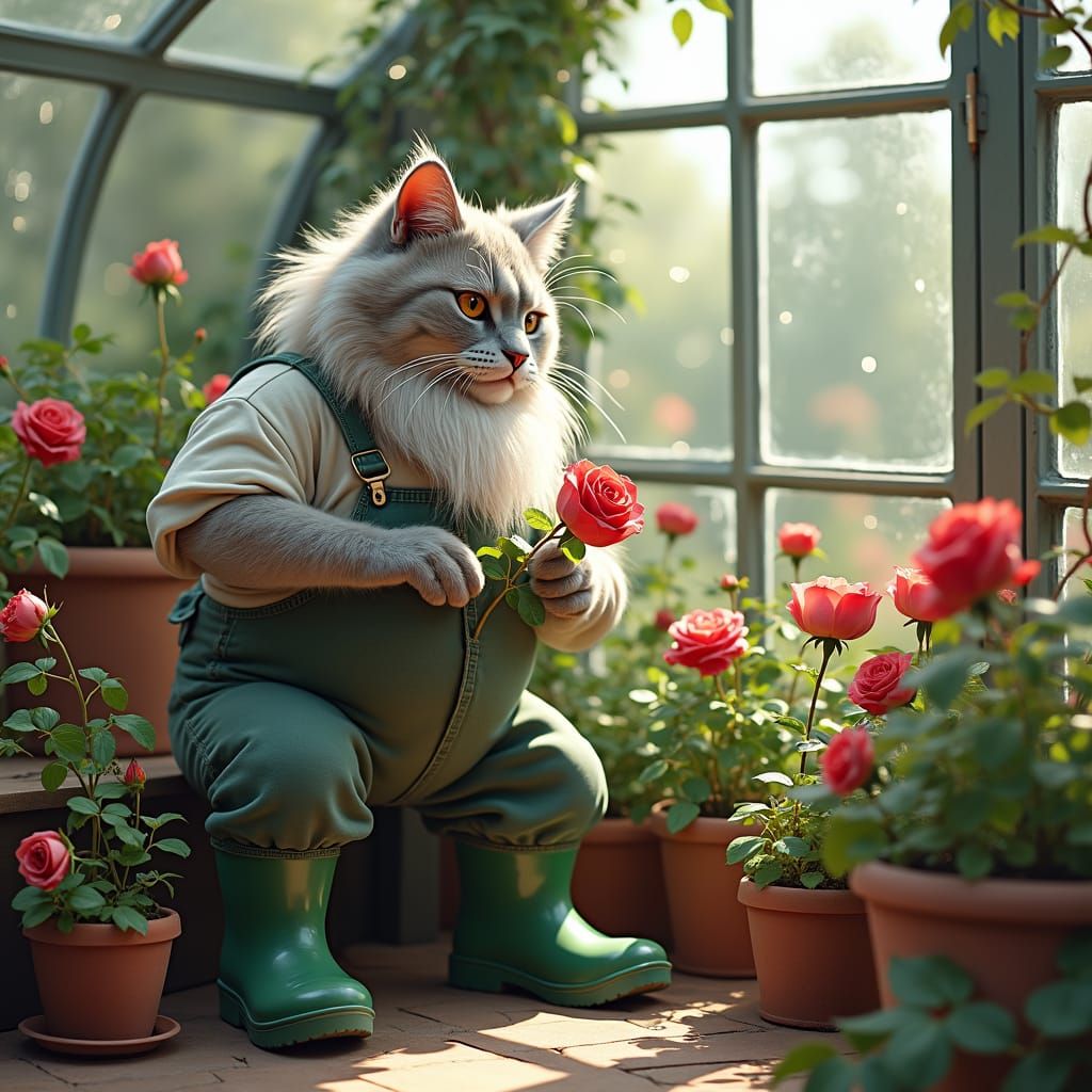 Gardener Cat Pruning Roses in Greenhouse